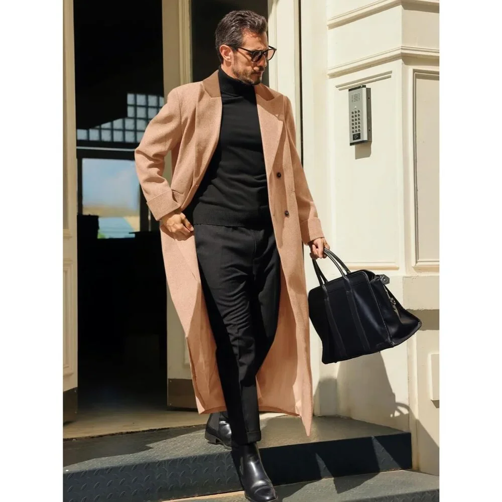 Men's Khaki Full Length Trench Coat Notched Lapel Long Jacket Double Breasted - Picture 3 of 5